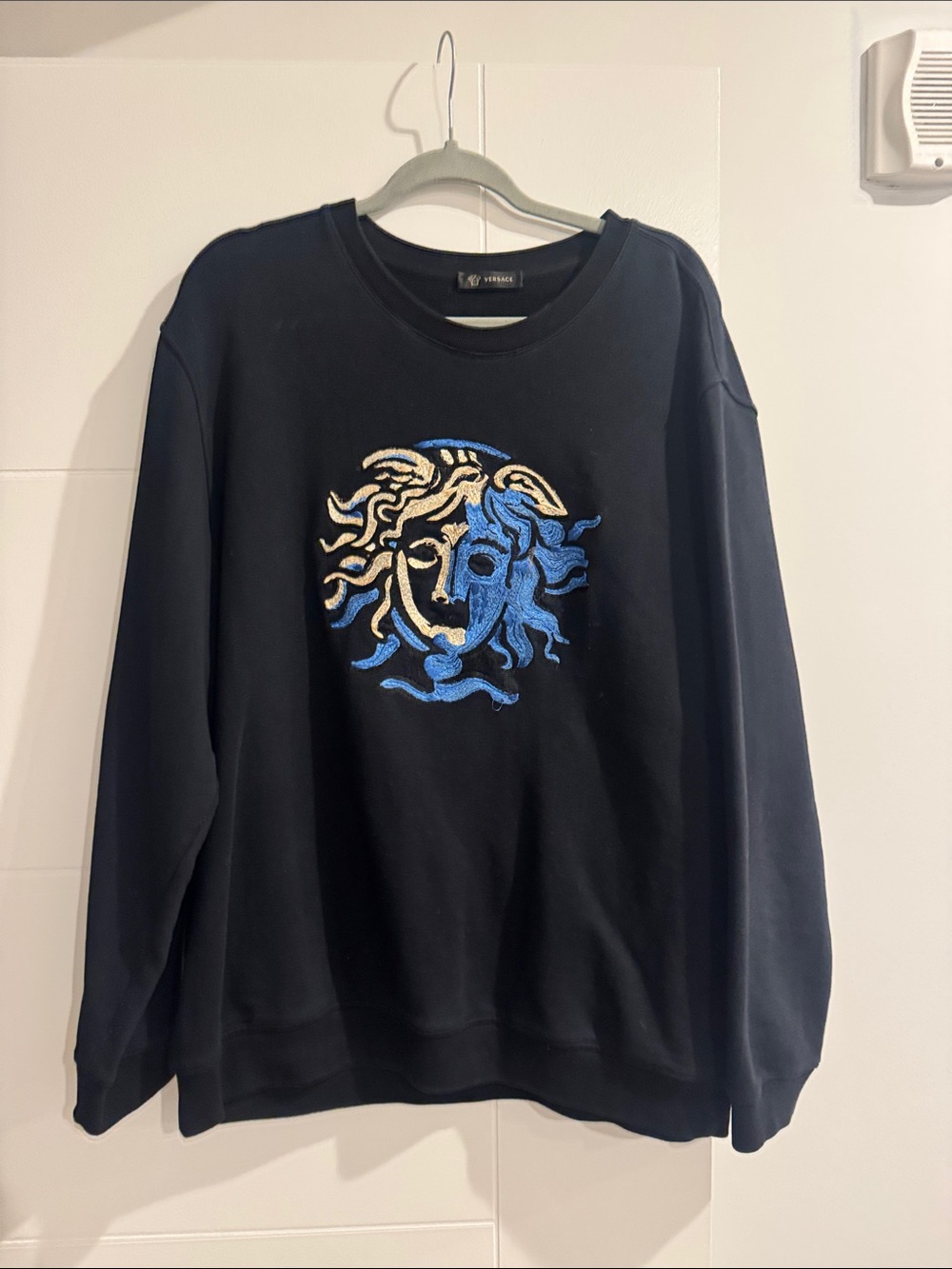 Versace Black Crewneck Sweatshirt with Blue & Cream Medusa Emblem
